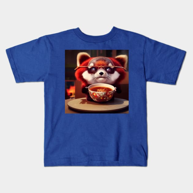 Kawaii Red Panda Eating Ramen Kids T-Shirt by Grassroots Green